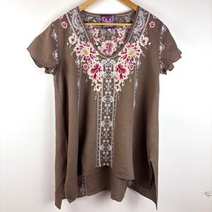 Johnny Was Los Angeles Embroidered Linen Tunic Top Brown Floral V-Neck M